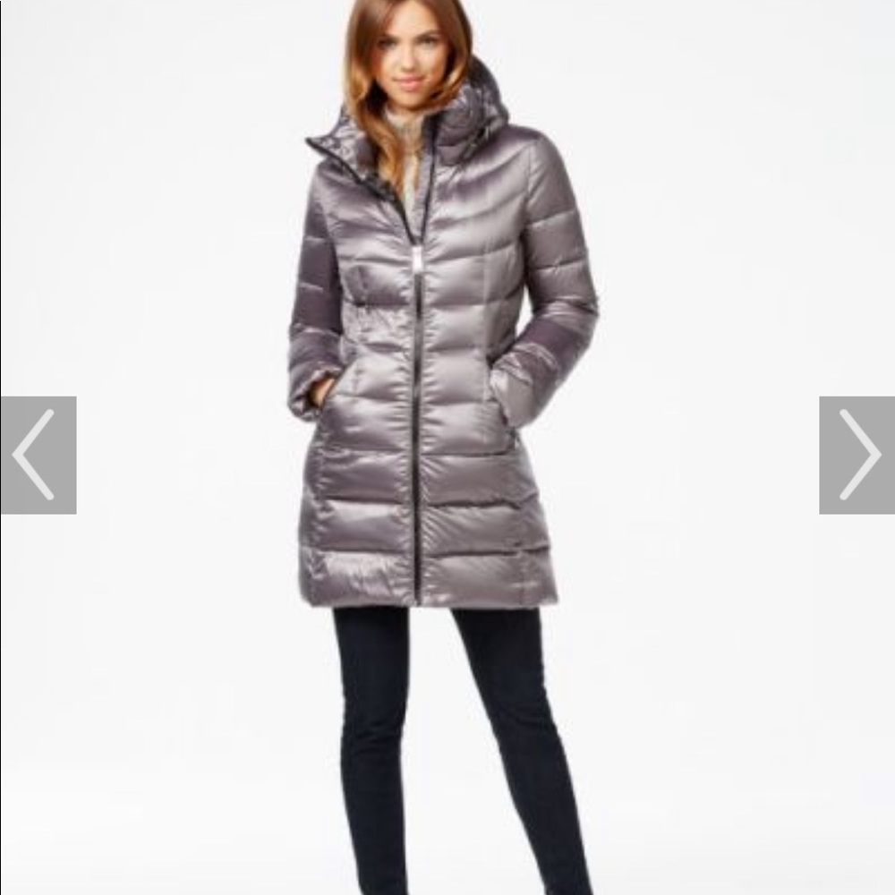 Calvin Klein Puffer Down  Silver Long Packable Coat Shiny